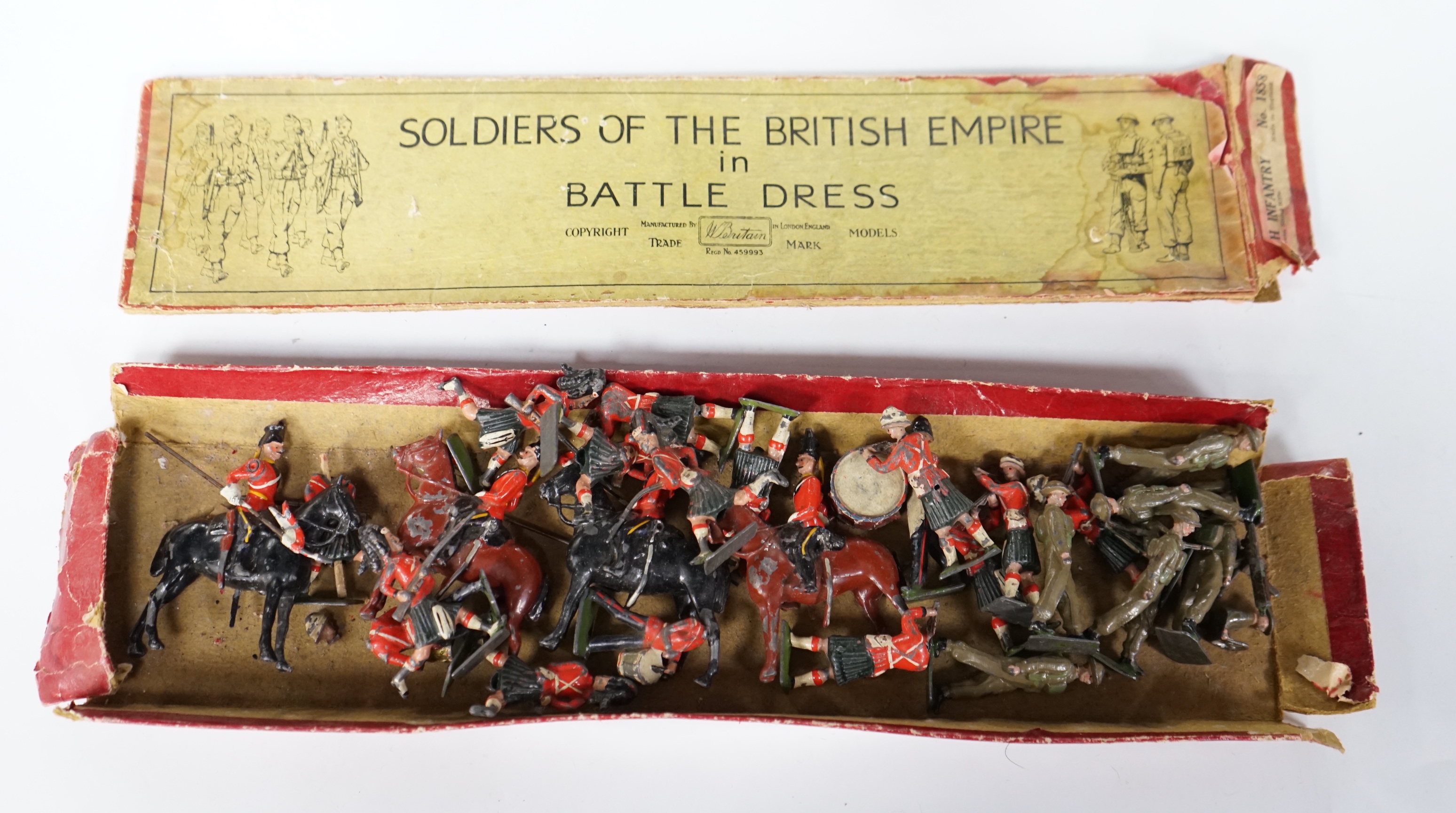 Britain's soldiers from set 1858, British Infantry in Battle Dress with original box, and Scottish Highlanders and mounted Lancers